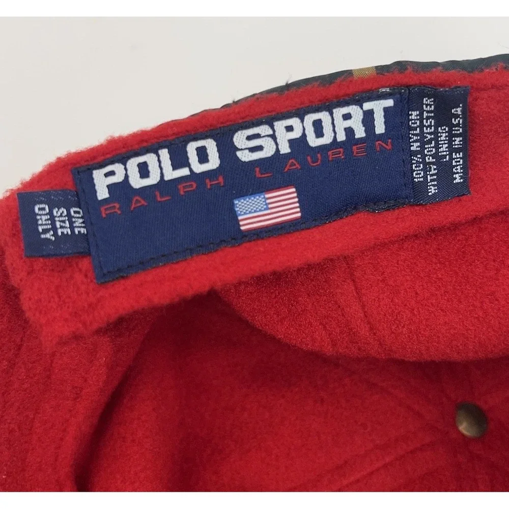 Vtg POLO RALPH LAUREN Cap Tartan Plaid Fleece Lined Hat Adult OS Nylon USA Hat‎